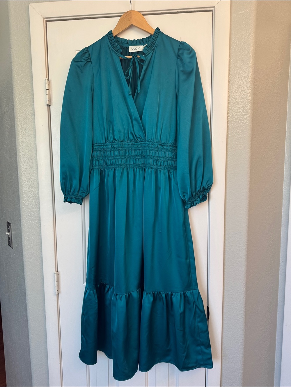Eliza J Teal Satin Midi Dress with Smocked Waist and Tie Neck